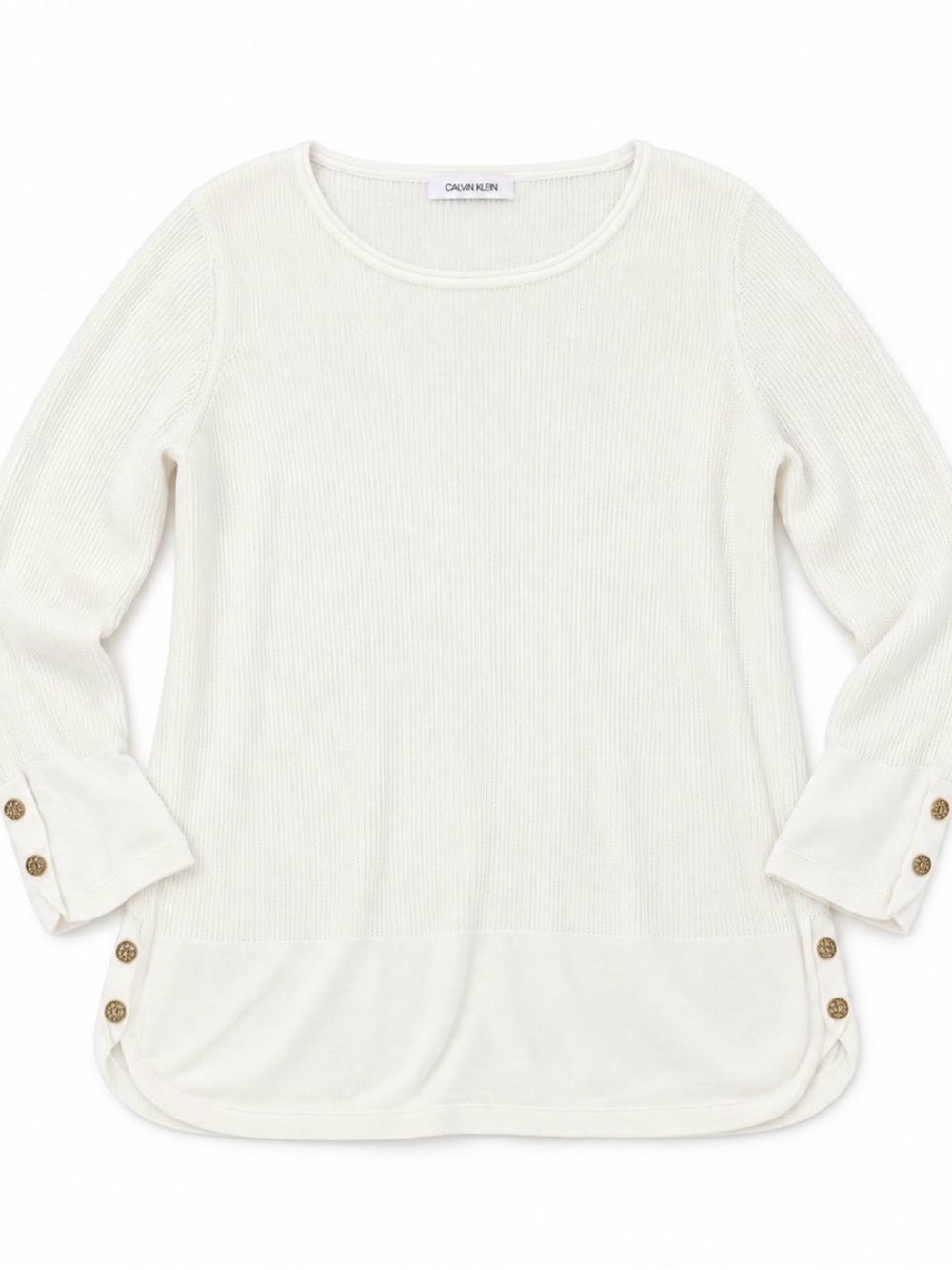 Calvin Klein Ivory Ribbed Knit Top Long Sleeve Gold Button Detail Size Large.